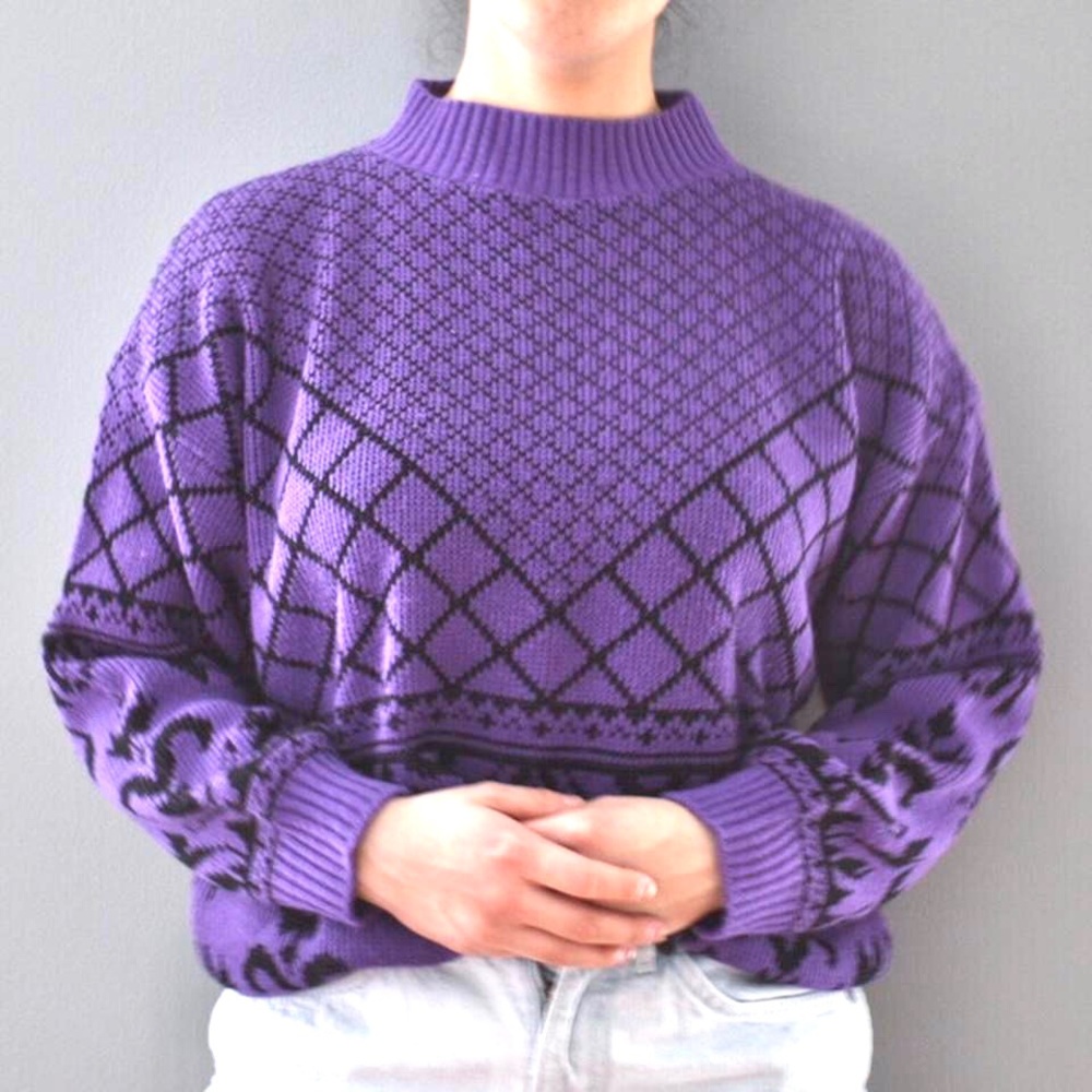 Classic Essential Purple Black Vintage Long Knit Warm Cozy Winter Sweater